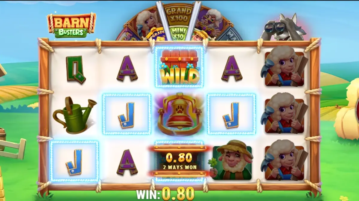 Tampilan visual slot Barn Busters dengan tema peternakan dan serigala.