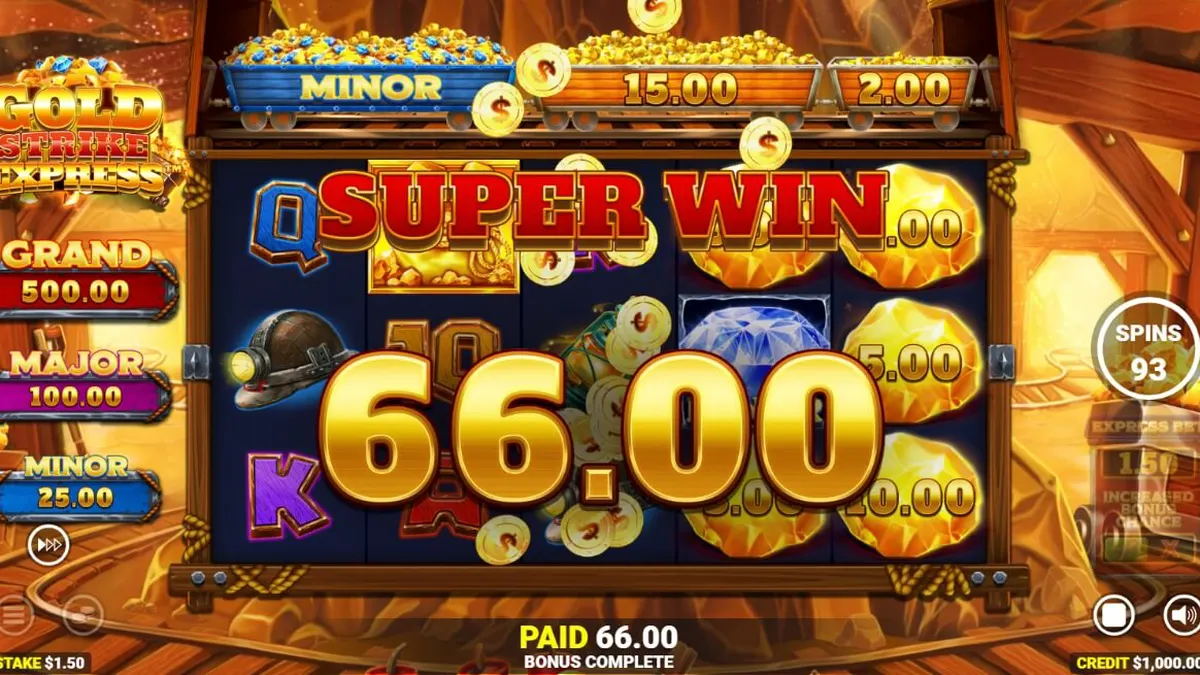 Tampilan visual slot Gold Strike Express dengan rel kereta di atas gulungan